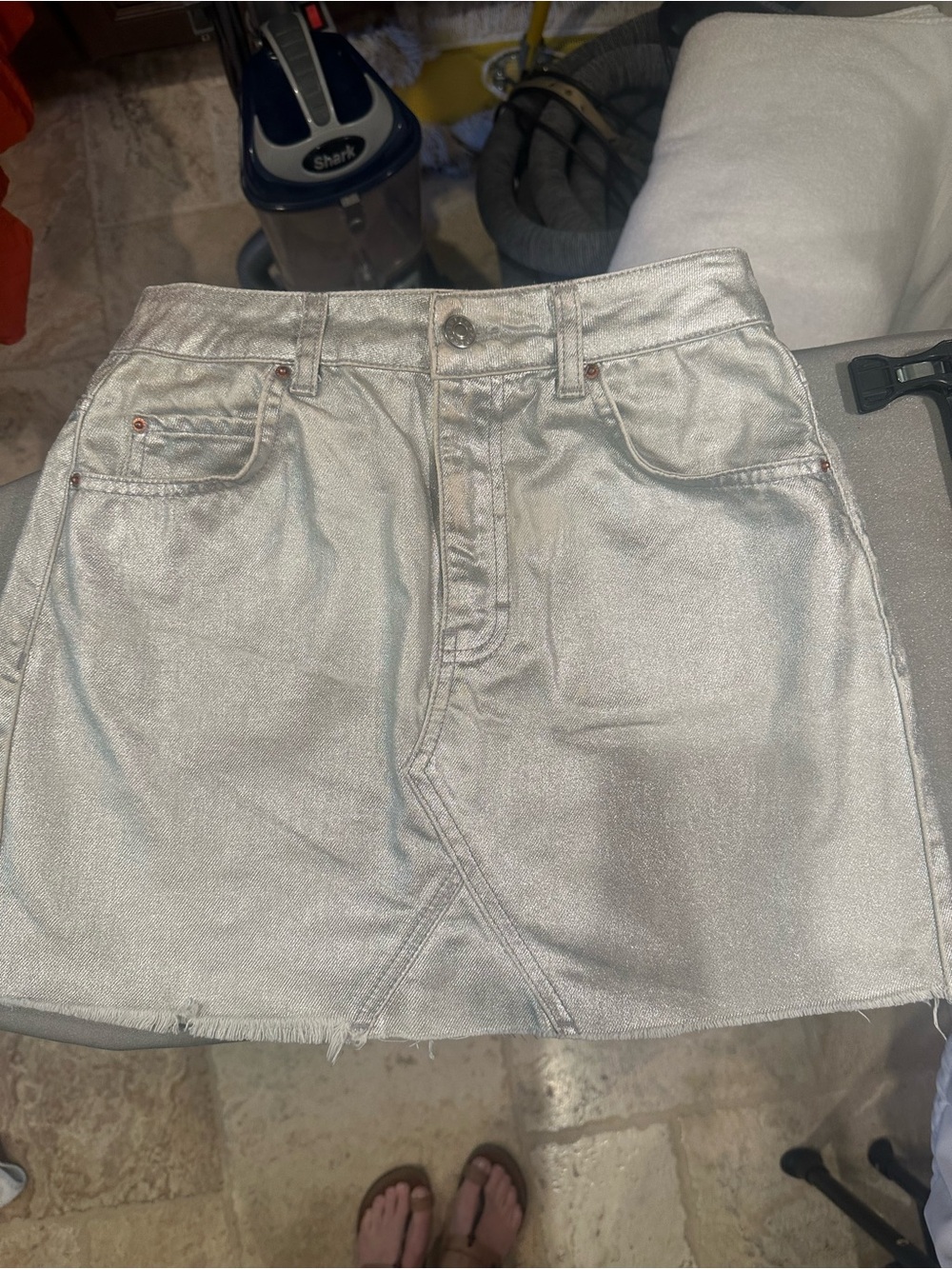 Topshop Metallic Silver Mini Denim Skirt Sz 6 EUC